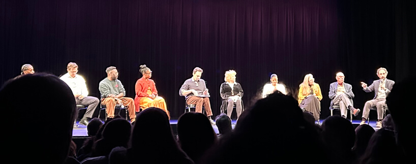 The cast of The Long Christmas Dinner in discussion with moderator Jeremy McCarter